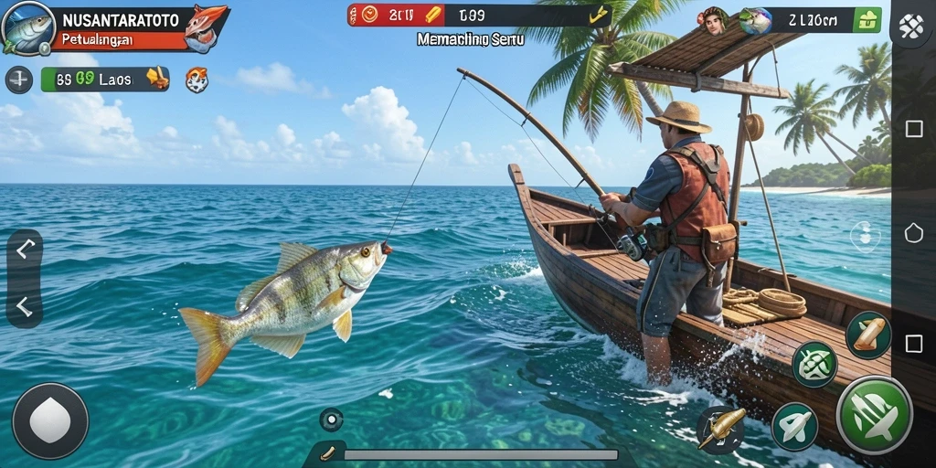 Tampilan gameplay NUSANTARATOTO saat memancing di laut.